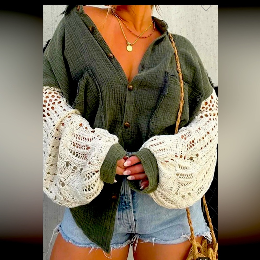 Private Label Olive Green Button-Front Top with Cream Crochet Balloon Sleeves